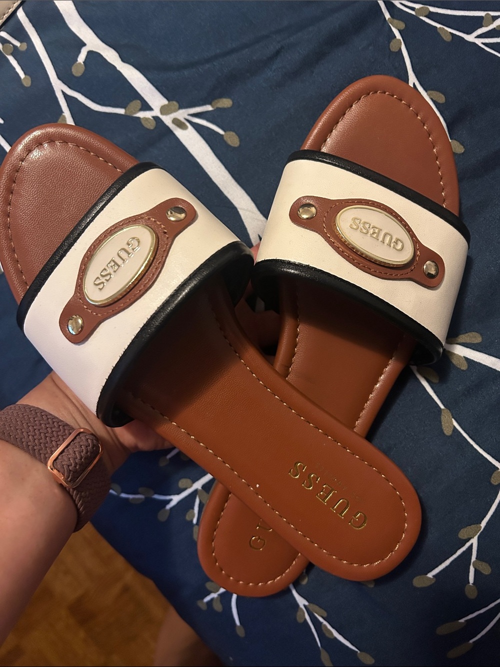 Guess Women’s White and Brown Slide Sandals